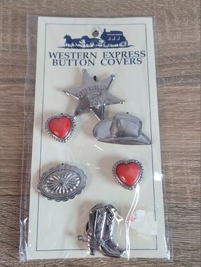 Western Express Button Covers - Cowboy Western Set with Red Heart Accents 80s 90